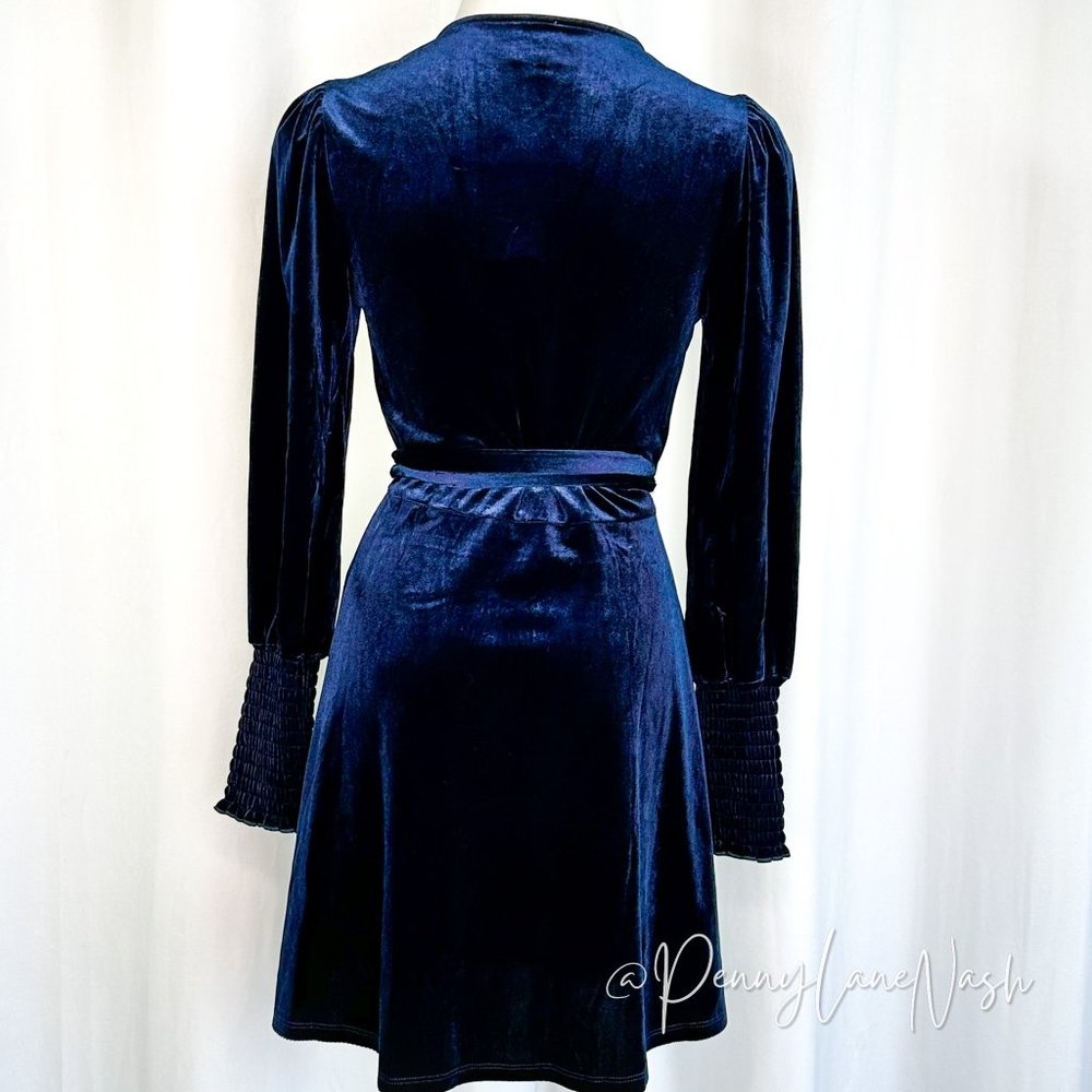 NWT Francesca's Erin Velvet Wrap Mini Dress Blue - Picture 9 of 13